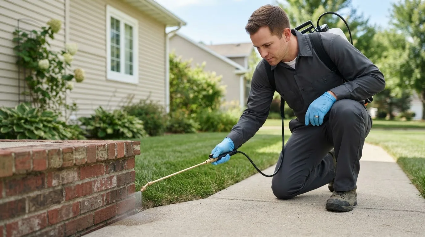 Pest control technician treating a home near Newbury, NH